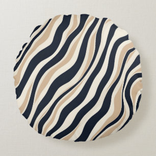 Modern Wavy Stripe Neutral Beige & Charcoal Round Cushion