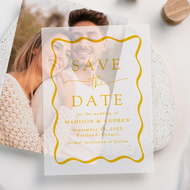 Modern Wavy Yellow Frame Wedding Save the Date Vellum Invitations (Creator Uploaded)