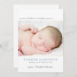 Modern We Are Thrilled  Baby Boy Photo Blue Birth  Announcement