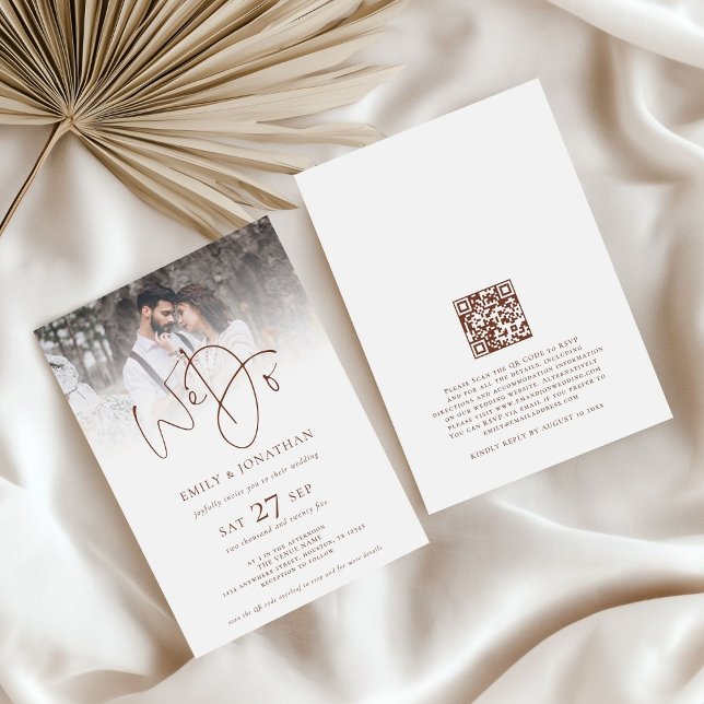 Modern We Do Brown Text QR Code Photo Wedding Invitation (front and back view)