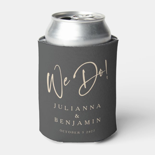 Modern We Do Elegant Custom Black Beige Wedding Can Cooler (Can Front)