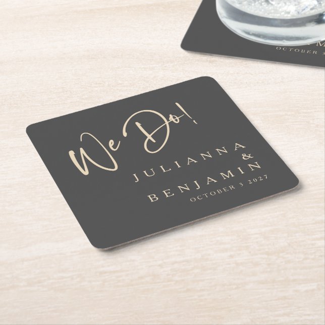 Modern We Do Elegant Custom Black Beige Wedding Square Paper Coaster (Angled)