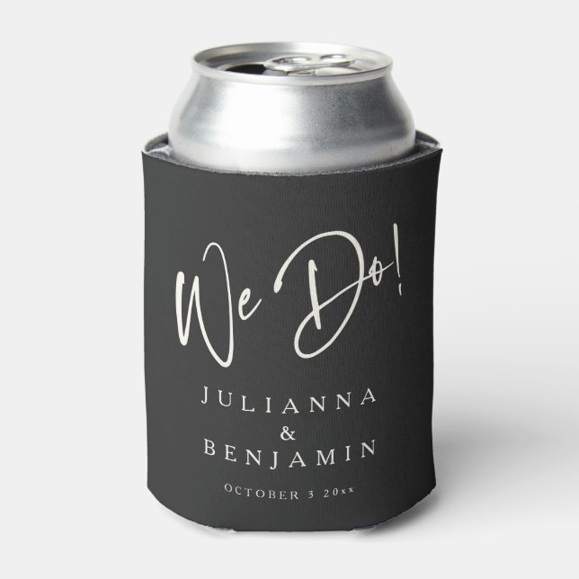 Modern We Do Elegant Custom Black Cream Wedding Can Cooler (Can Front)