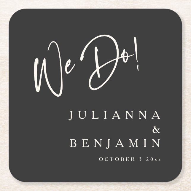 Modern We Do Elegant Custom Black Cream Wedding Square Paper Coaster (Front)