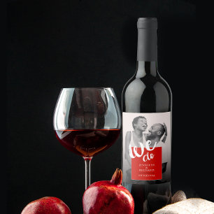 Modern We Do Red White Brush Script Wedding Photo Wine Label