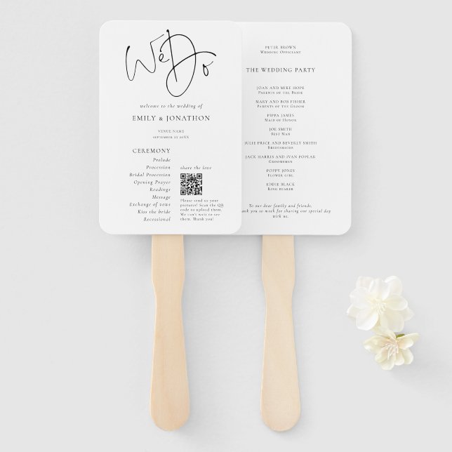 Modern We Do Share Photos QR Code Wedding Program Hand Fan (Front and Back)