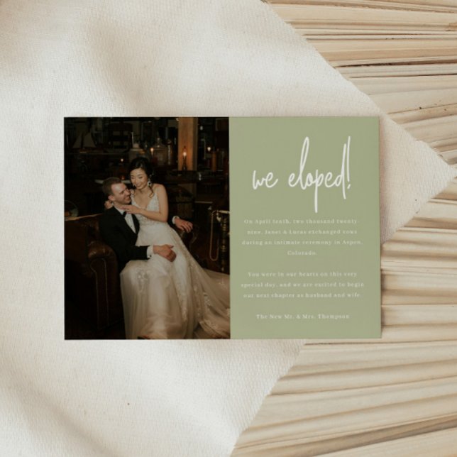 Modern 'We Eloped' Wedding Sage Green Photo Announcement (Creator Uploaded)