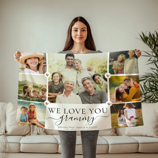 Modern We Love You Grammy Family Photo Collage Fleece Blanket (Creator Uploaded)