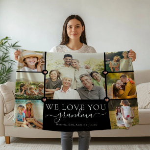 Modern We Love You Grandma Family Photo Collage Fleece Blanket