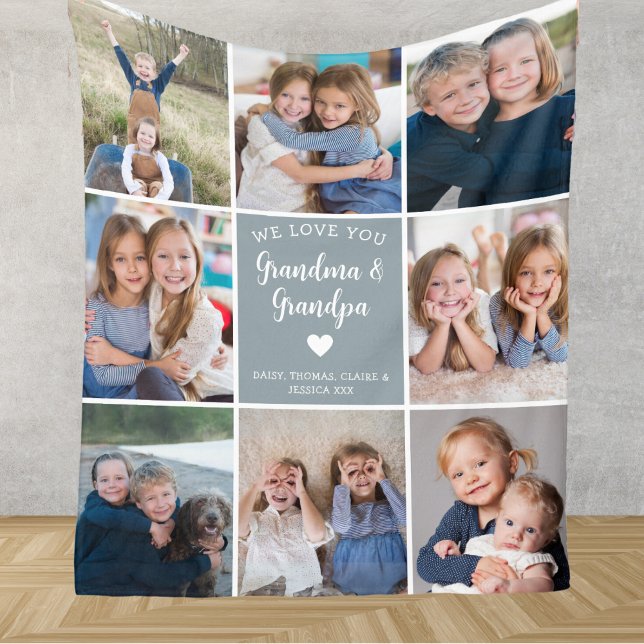 Modern We Love You Grandparents Photo Collage Blue Fleece Blanket (Creator Uploaded)