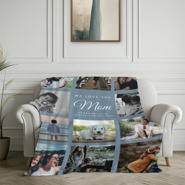 Modern WE LOVE YOU MOM Family Photo Grey Blue Fleece Blanket (Creator Uploaded)