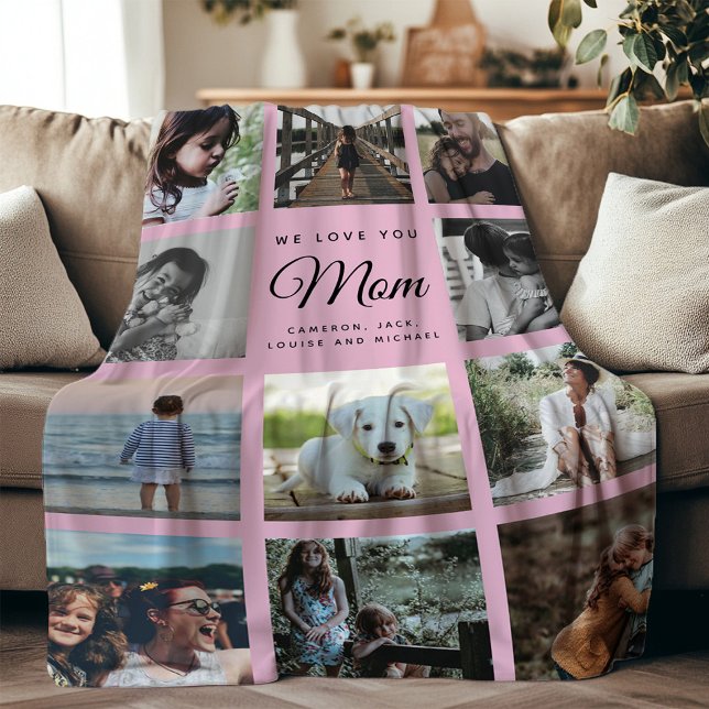 Modern WE LOVE YOU MOM Photo Collage Pink Family Fleece Blanket (Creator Uploaded)