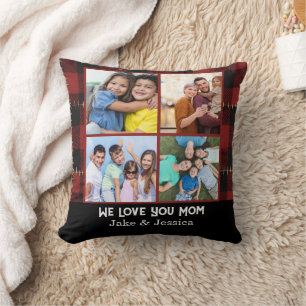 Modern We Love you Mom Photo Collage Red Plaid Cushion