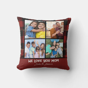 Modern We Love you Mom Photo Collage Red Plaid Cushion