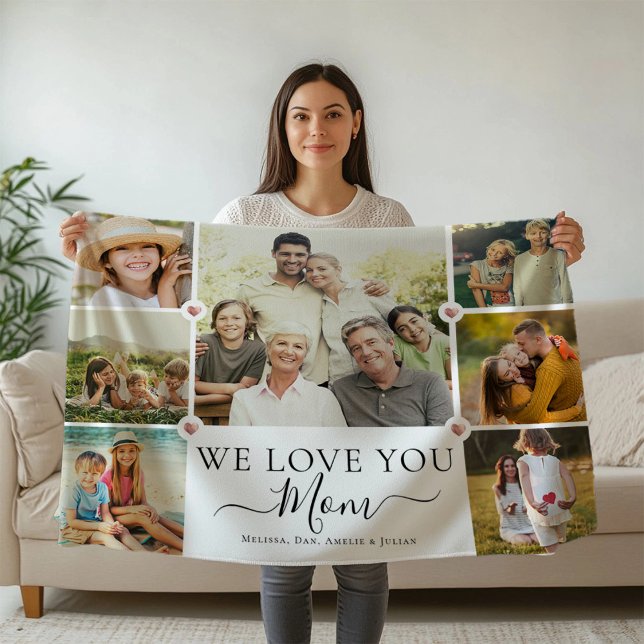 Modern We Love You Mum Family Photo Collage Fleece Blanket (Creator Uploaded)
