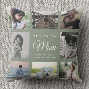 Modern WE LOVE YOU Mum Family Photo Collage Green Cushion