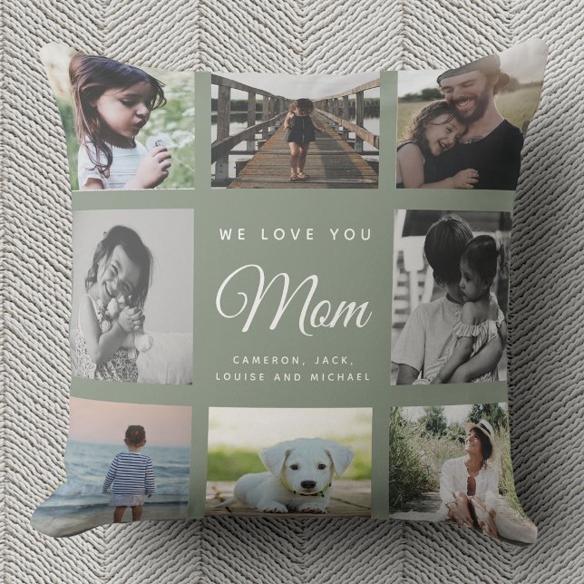 Modern WE LOVE YOU Mum Family Photo Collage Green Cushion (Creator Uploaded)