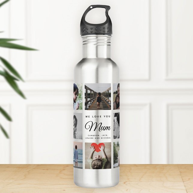 Modern WE LOVE YOU MUM Photo Collage Cool 710 Ml Water Bottle (Silver water bottle on a wooden surface featuring family photos and the text "We love you Mum")