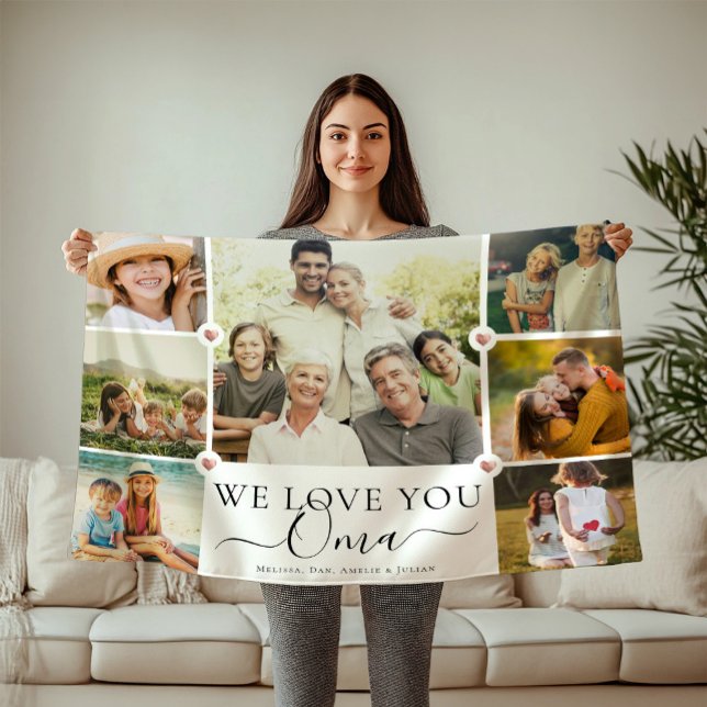 Modern We Love You Oma Family Photo Collage Fleece Blanket (Creator Uploaded)