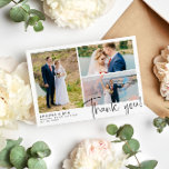 Modern Wedding 3 Photo Collage Thank You Card<br><div class="desc">Say thank you to your wedding guests with a photo collage where you can feature three of your own lovely wedding photos. Add your names and wedding date in a modern black font. Thank you is written in a charming hand-written script. On the back you can write by hand a...</div>