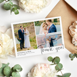 Modern Wedding 3 Photo Collage Thank You Card