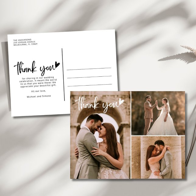 Modern Wedding 3 Photo Collage Thank You Postcard (Modern Wedding 3 Photo Collage Thank You Postcard)