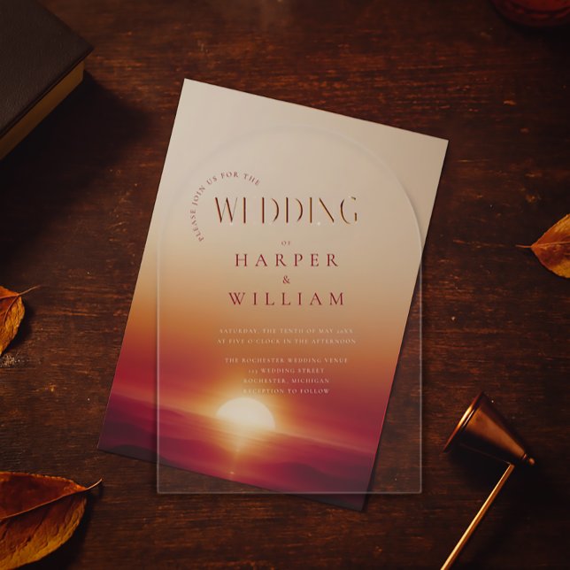 modern wedding acrylic invitations (Acrylic overlay and sunset background sold seperately. Perfect for a romantic setting.)