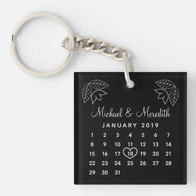 Modern Wedding Anniversary Date Valentine's Day Key Ring (Front)