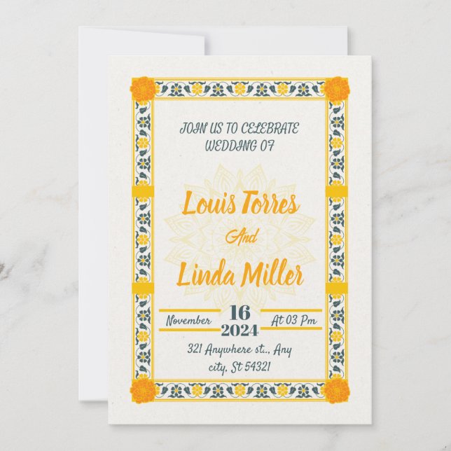 modern Wedding beige, yellow flowers Invitation (Front)