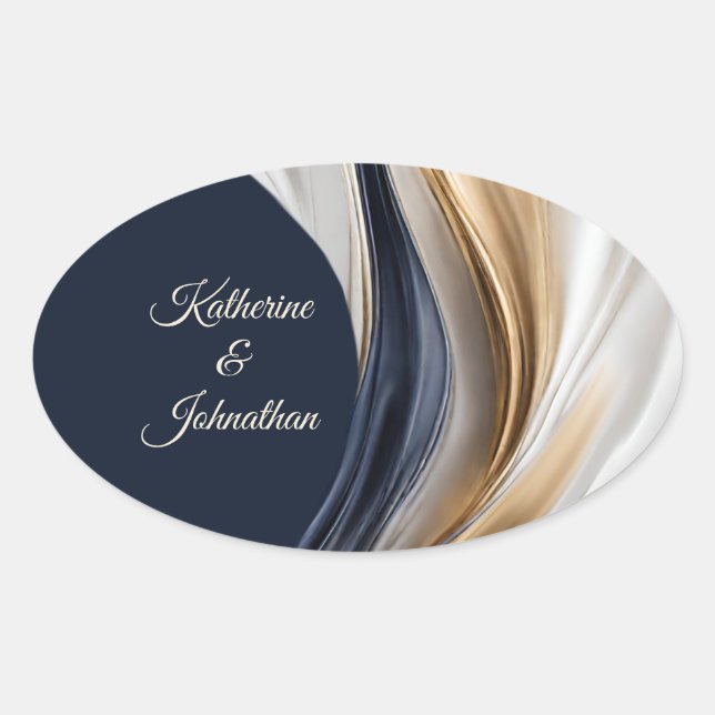 Modern Wedding-Blue White and Gold Oval Sticker (Front)