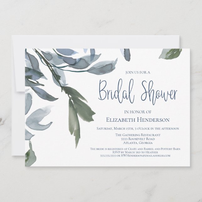 Modern Wedding Bridal Shower Blue Floral Invitation (Front)