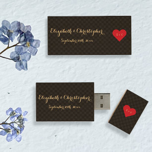Modern Wedding Bride Groom Monogrammed Heart USB Wood USB Flash Drive
