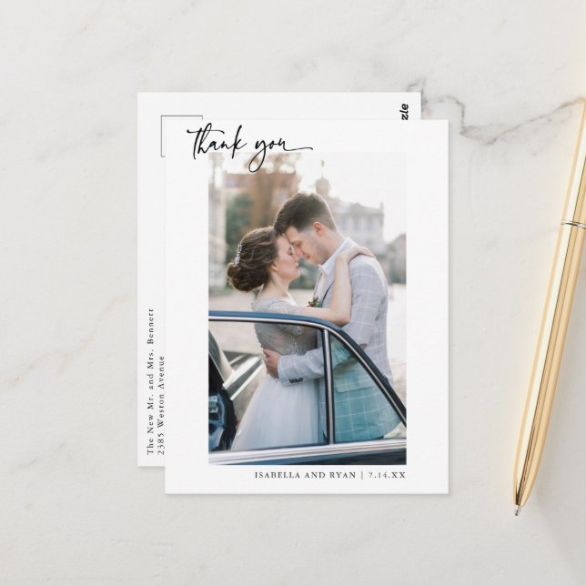 Modern Wedding Calligraphy Photo Thank You Postcard (Front/Back In Situ)