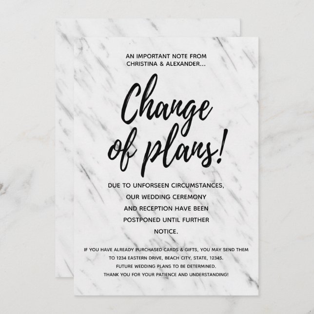 Modern Wedding Change of Plans Postponed Cancelled Invitation (Front/Back)
