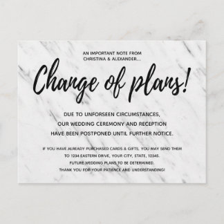 Modern Wedding Change of Plans Postponed Cancelled Postcard