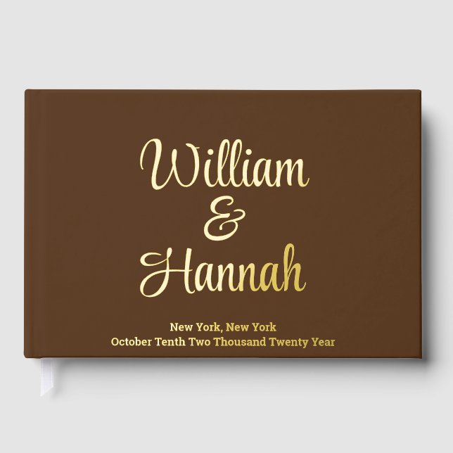 Modern Wedding Chocolate Brown with Gold Hardcover Guest Book (Front)