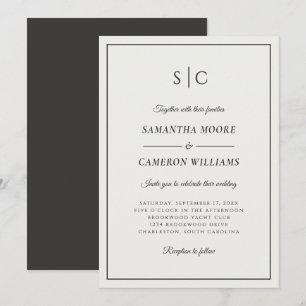 Modern Wedding Classic Monogram Cream & Black Invitation