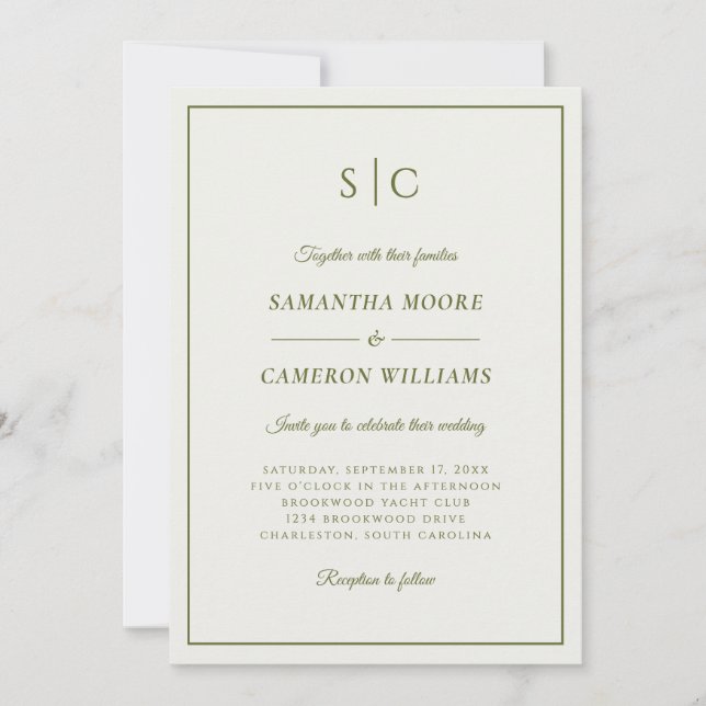 Modern Wedding Classic Monogram Cream & Green Invitation (Front)