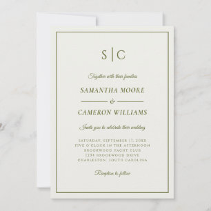Modern Wedding Classic Monogram Cream & Green Invitation