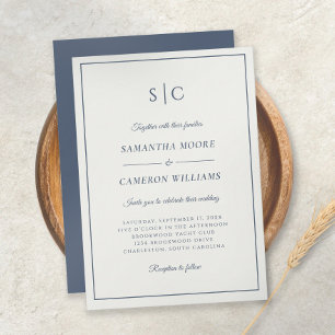 Modern Wedding Classic Monogram Cream & Navy Blue Invitation