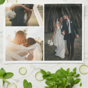 Modern Wedding Couple Anniversary 4 Photo Collage Tea Towel