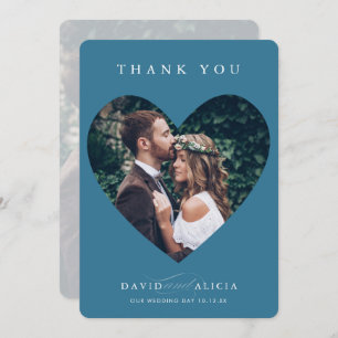 MODERN WEDDING couple photo heart frame denim blue Invitation