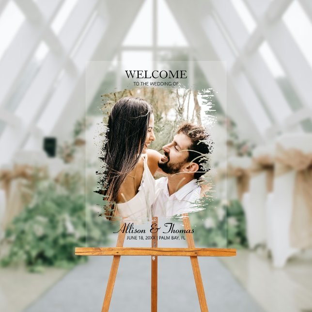 Modern Wedding Couple Photo Welcome Clear Acrylic Sign (Make a dazzling entrance and warmly greet guests with our captivating photo acrylic wedding sign!)
