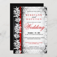 Modern Wedding Damask in White, Black and Red Invi