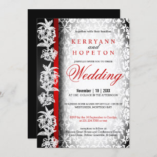 Modern Wedding Damask in White, Black and Red Invi Invitation