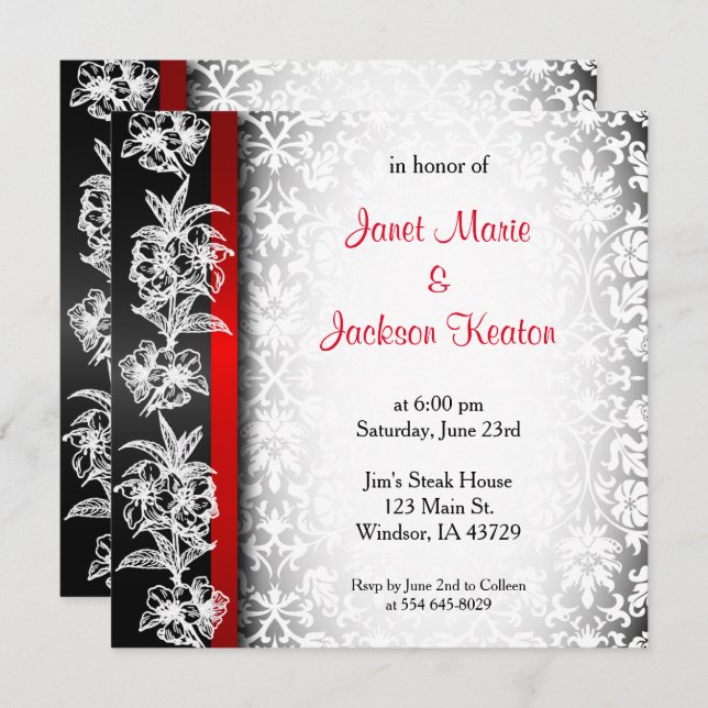 Modern Wedding Damask in White, Black and Red Invitation (Front/Back)