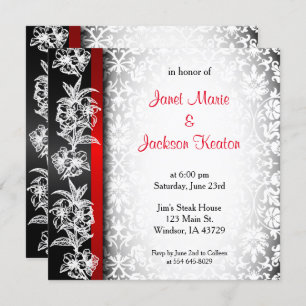 Modern Wedding Damask in White, Black and Red Invitation