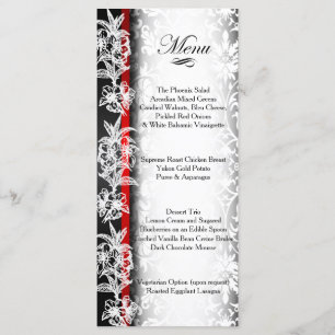 Modern Wedding Damask in White, Black and Red Menu