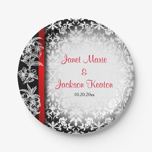 Modern Wedding Damask in White, Black and Red Paper Plate (Front)