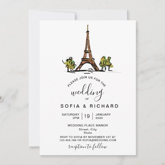 Modern Wedding Destination Paris Eiffel Tower Invitation (Front)